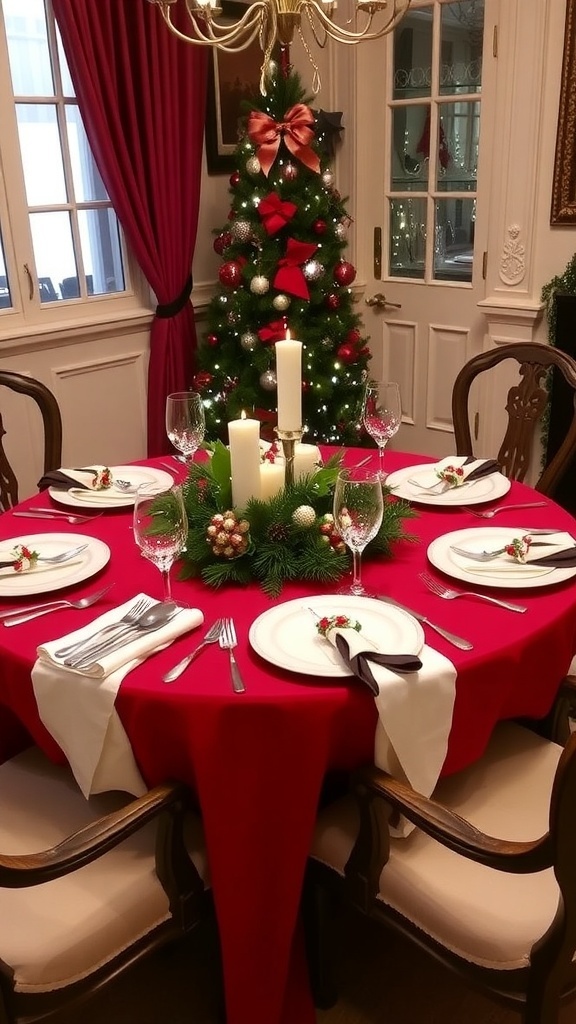 A festive Christmas table setting for five with red tablecloth, white plates, and seasonal decorations.
